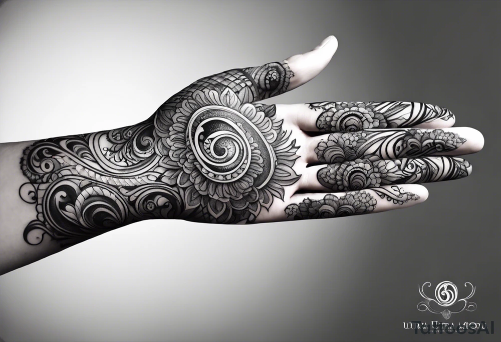 Elbow length lace glove, swirls and whorls of black ink, large feline eye on the palm tattoo idea