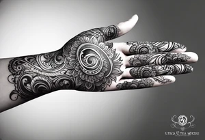 Elbow length lace glove, swirls and whorls of black ink, large feline eye on the palm tattoo idea