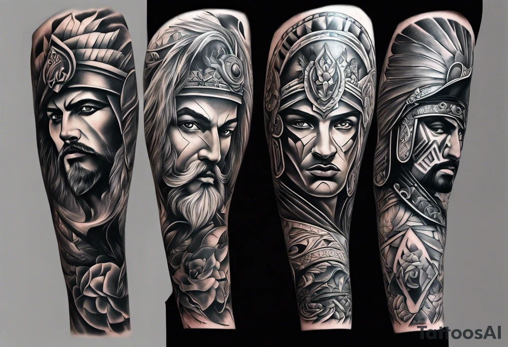 Leg sleeve tattoo of warriors from
 Different eras tattoo idea