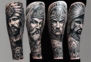 Leg sleeve tattoo of warriors from
 Different eras tattoo idea