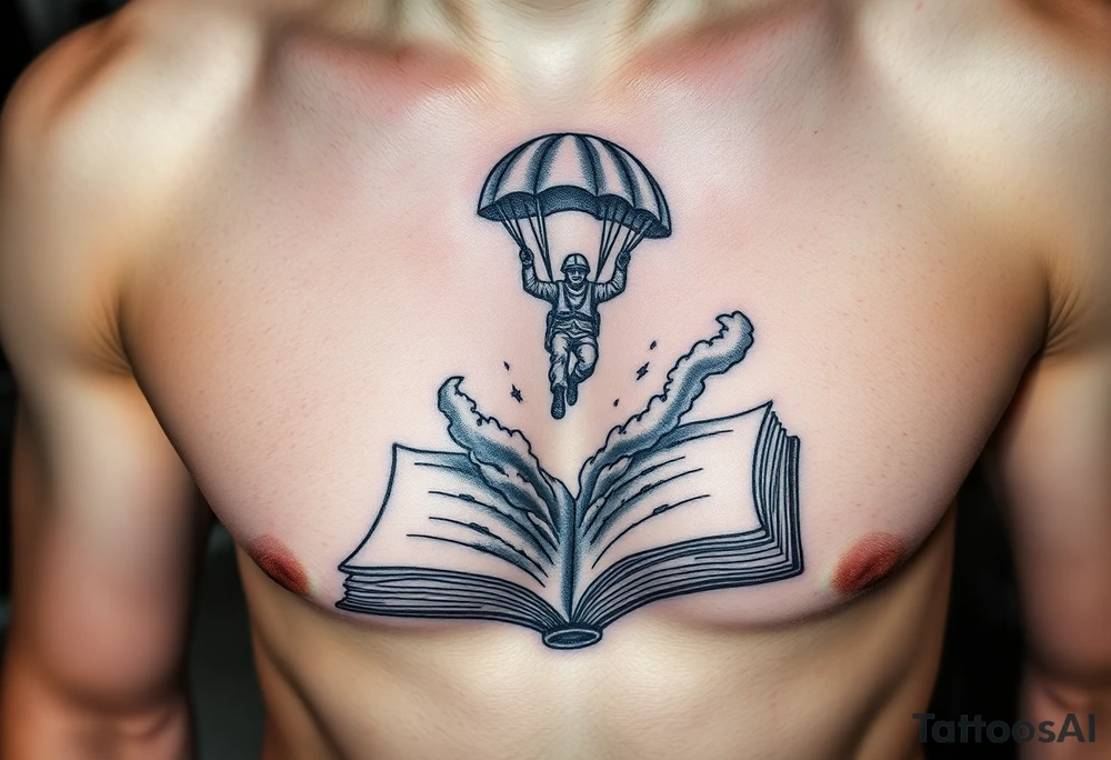 A parachuting soldier landing into an open book. Chaos surrounding, but the book is protecting the soldier from it. On the chest. Make the tattoo smaller. Make it thought provoking. Make the chaos in the environment be an eerie mist. Make the pages in the book be blank. Just one soldier, no other characters. the book is old. tattoo idea