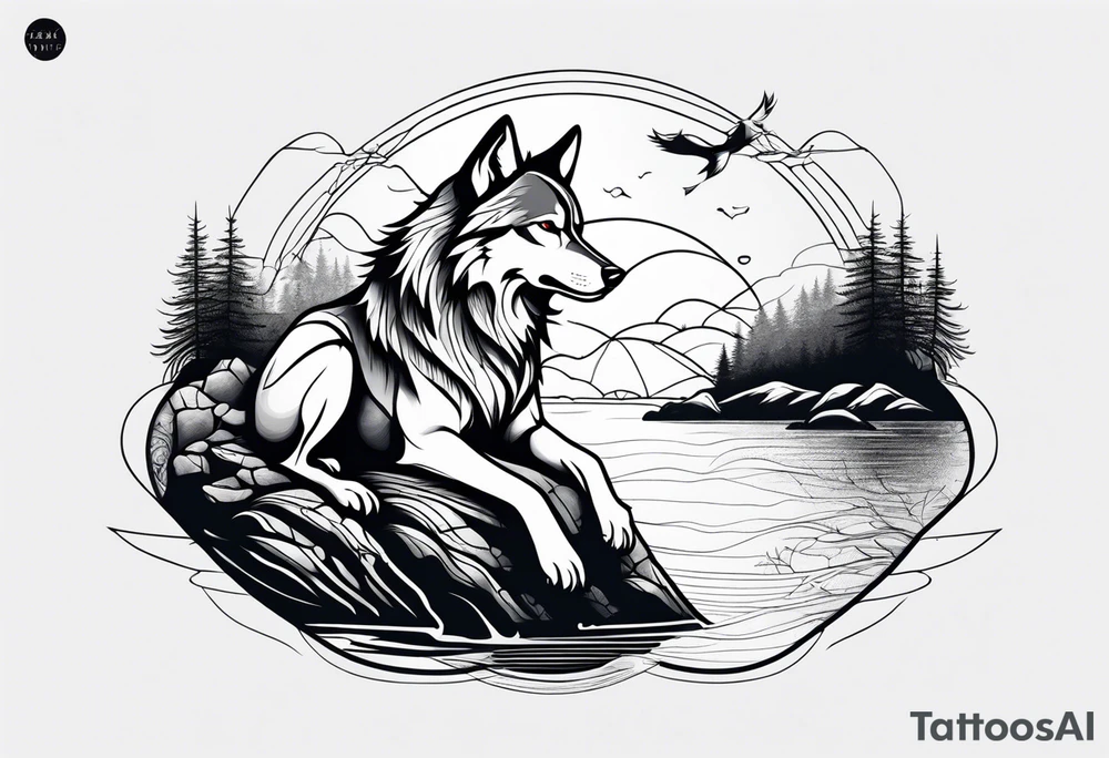 a wolf with a fisherman on a bank tattoo idea