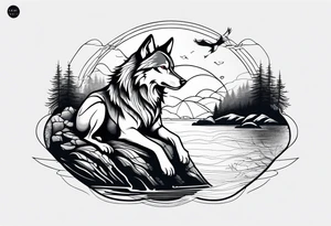 a wolf with a fisherman on a bank tattoo idea