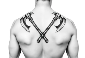 A very realistic, large Viking axes across my shoulder blades tattoo idea
