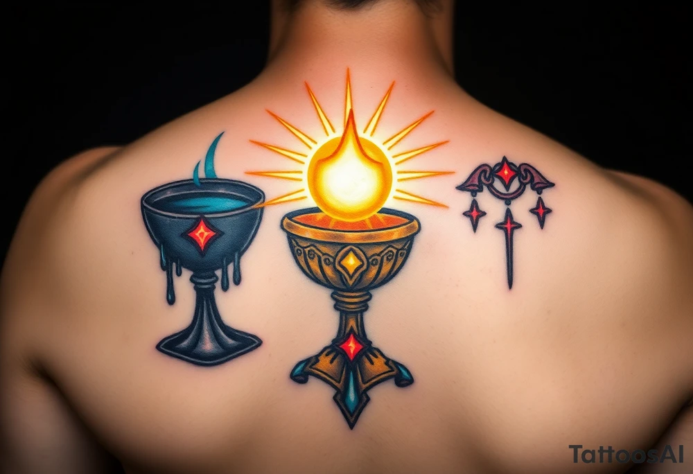 A radiant, holy grail, glowing with soft blues and golds, surrounded by soft rays of light, opposed to a dark chalice, dripping black liquid, with red glowing symbols and a menacing aura, symbolizing a search for purity and a thirst for darkness. tattoo idea