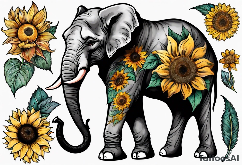 Elephant with Raised trunk and sunflower tattoo idea