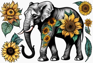 Elephant with Raised trunk and sunflower tattoo idea