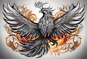 Tattoo: A powerful, majestic phoenix, depicted mid-flight or rising, with wings extended and feathers flowing. Deep shading and intricate details to bring out the texture and motion of the feathers. tattoo idea