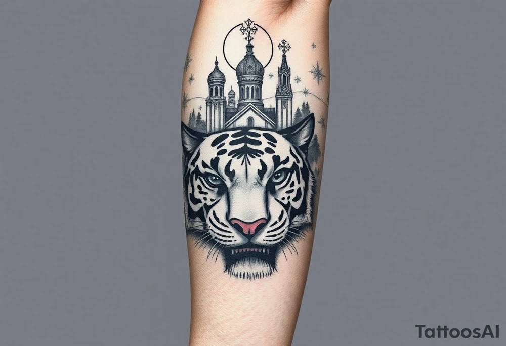 in a dorsal view of the hand and forearm a tiger face on the hand with black hollowed eyes, then above this a orthodox church shrouded with a mist and fading into a virgin mary overlooking tattoo idea