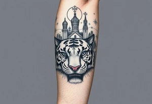 in a dorsal view of the hand and forearm a tiger face on the hand with black hollowed eyes, then above this a orthodox church shrouded with a mist and fading into a virgin mary overlooking tattoo idea