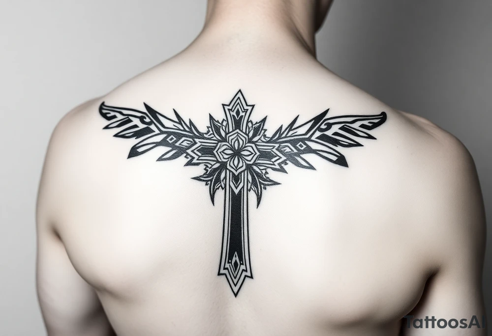 A cross  surrounded by Micronesian tribal for forearm tattoo idea