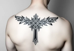 A cross  surrounded by Micronesian tribal for forearm tattoo idea