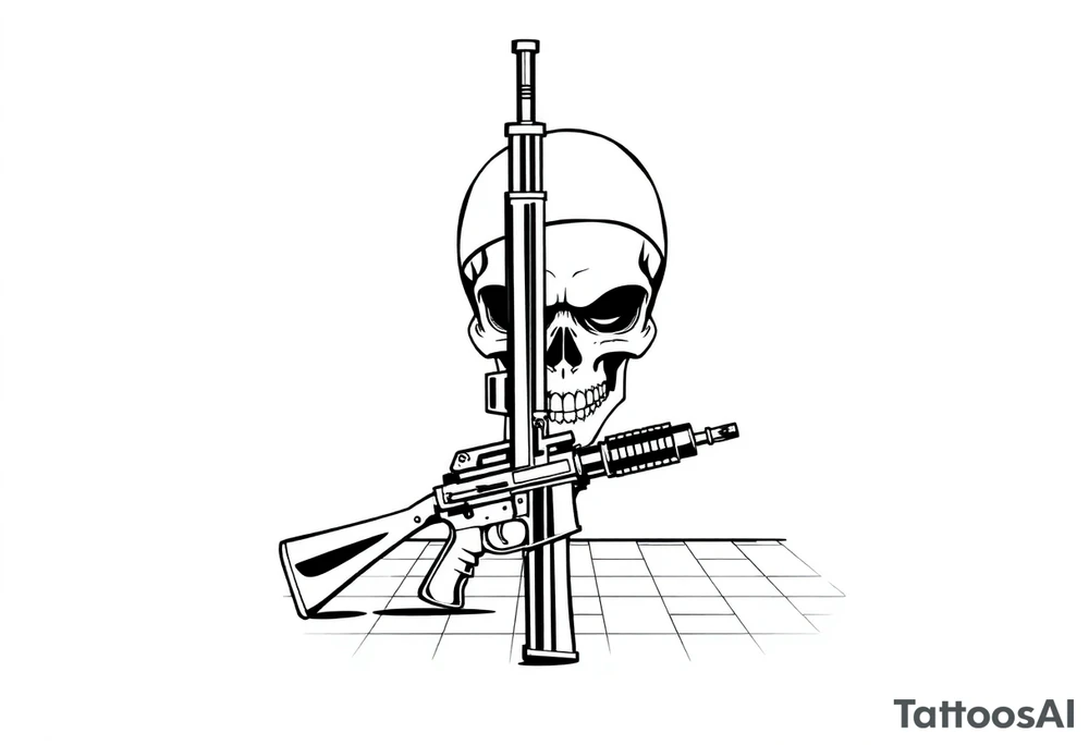 soldier skull with gun and checkered floor tattoo idea