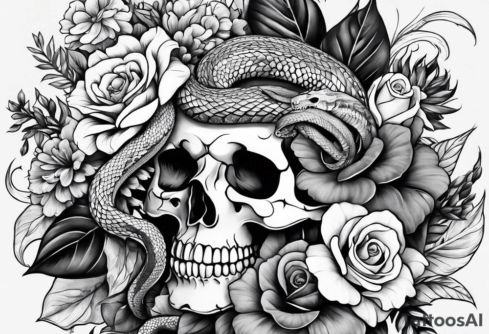 Floral arrangement with a snake and skull tattoo idea Floral arrangement with a snake and skull tattoo idea
