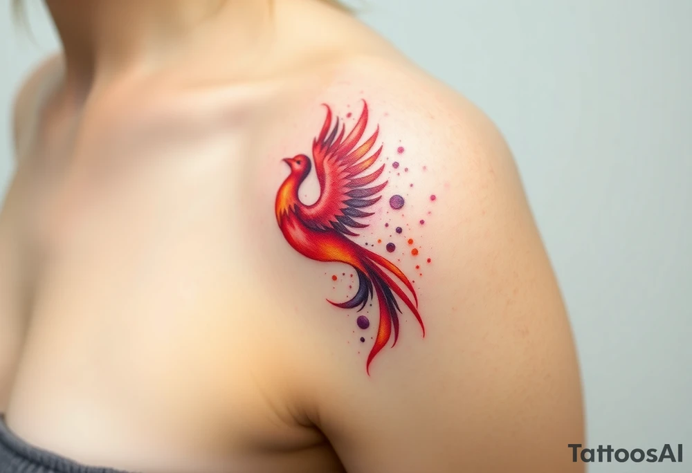 Phoenix rising from the ashes with the colors red, pink, orange and purple tattoo idea