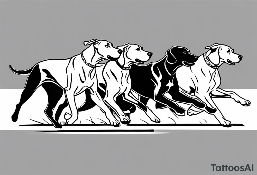 full arm sleeve on guy with (4) Four Great Dane floppy ear dogs running together in the field tattoo idea