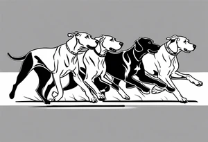 full arm sleeve on guy with (4) Four Great Dane floppy ear dogs running together in the field tattoo idea