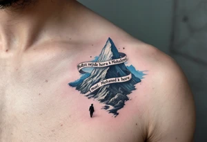 "Kdyz nejde hora k Mohamedovi, musi Mohamed k hore." — A small figure walking toward a majestic gray mountain under a blue sky, with the quote winding around the peak. tattoo idea