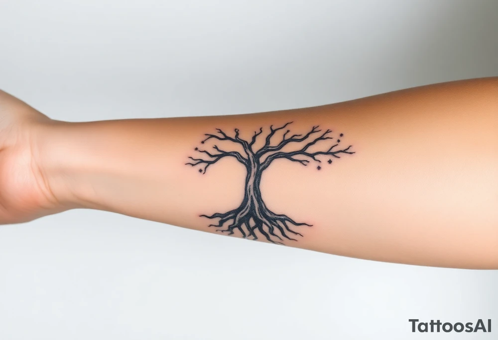 mystical tree of life with cosmic roots and celestial branches tattoo idea