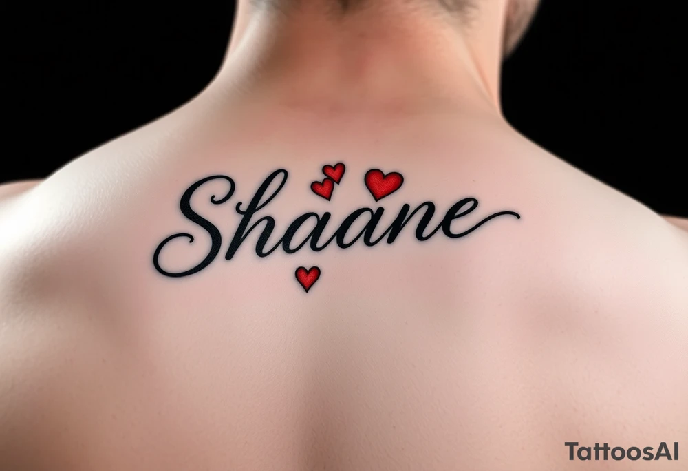 Shayne written with red hearts simple yet beautiful on left side on my shoulder tattoo idea