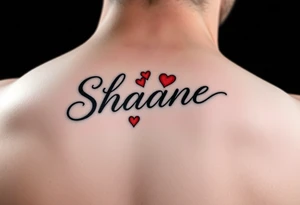 Shayne written with red hearts simple yet beautiful on left side on my shoulder tattoo idea