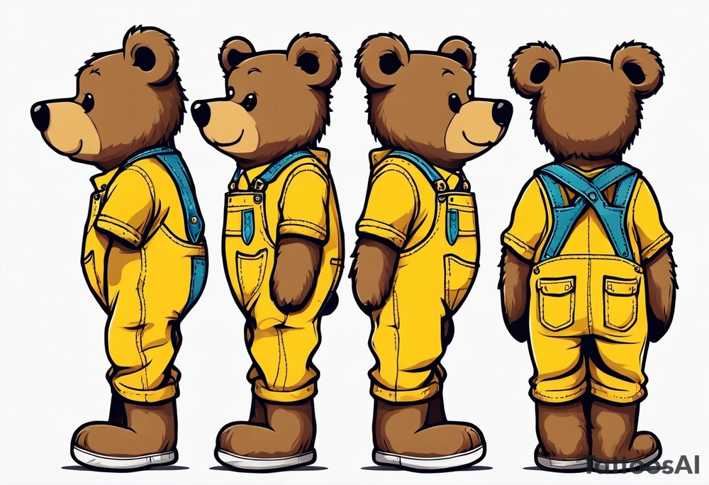 the back of a standing, skinny, brown ,
teddy bear in long, yellow overalls tattoo idea