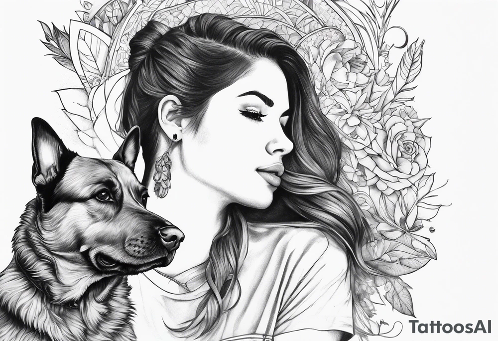 dog in the air facing woman tattoo idea