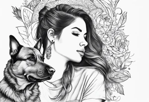 dog in the air facing woman tattoo idea
