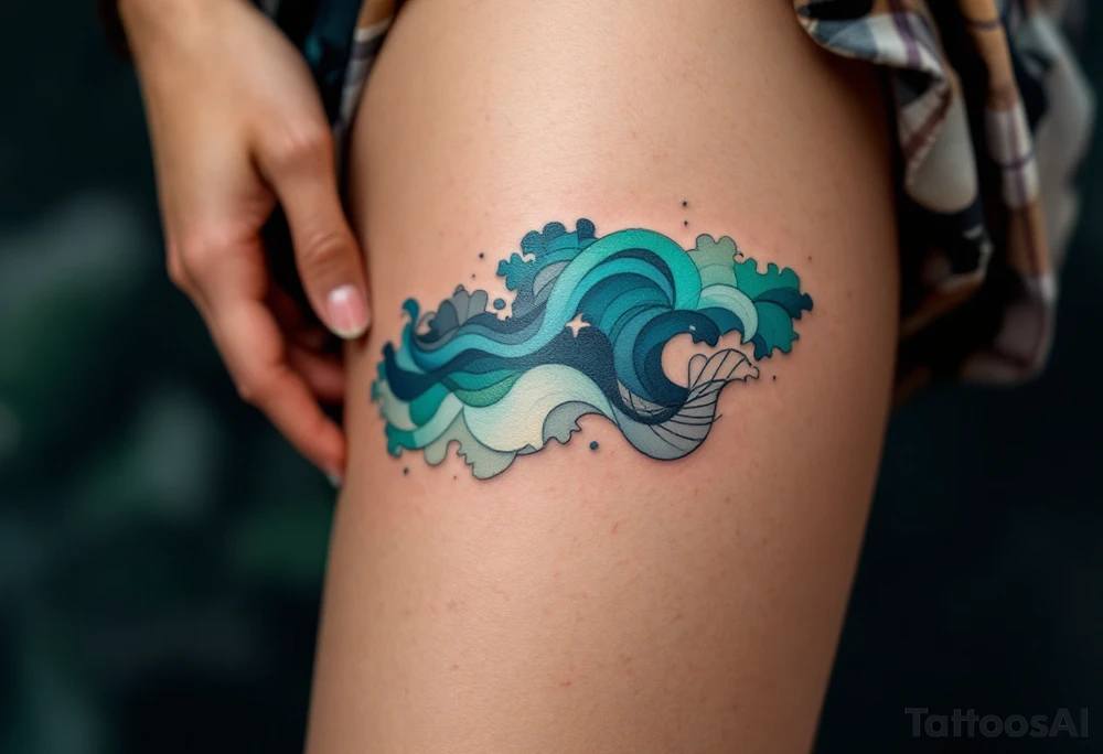 A gradient wave blends deep indigo to seafoam green along the ribs, with geometric patterns. tattoo idea