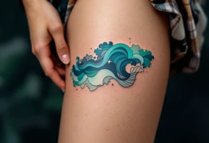A gradient wave blends deep indigo to seafoam green along the ribs, with geometric patterns. tattoo idea