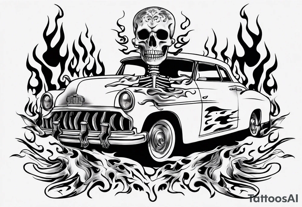 vintage classic car with flames coming out of the bonnet and a skeleton head at the top of the flames tattoo idea