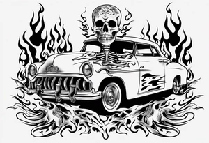 vintage classic car with flames coming out of the bonnet and a skeleton head at the top of the flames tattoo idea