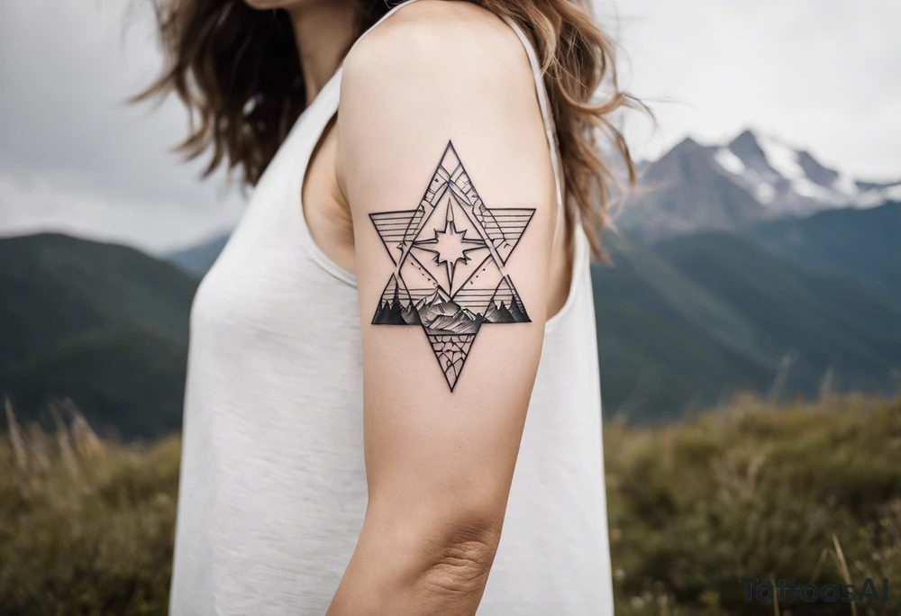 Three Peaks, Three Stars, Swords, and Vines: Create a minimalistic fine line tattoo for a right upper arm half sleeve. Feature three rugged mountain peaks, each topped with a simple star. Emphasize crossed swords, integrating with abstract, feather-like patterns that evoke the Valkyrie spirit. Keep the design in clean, simple lines, emphasizing the serene and mystical qualities without text. tattoo idea
