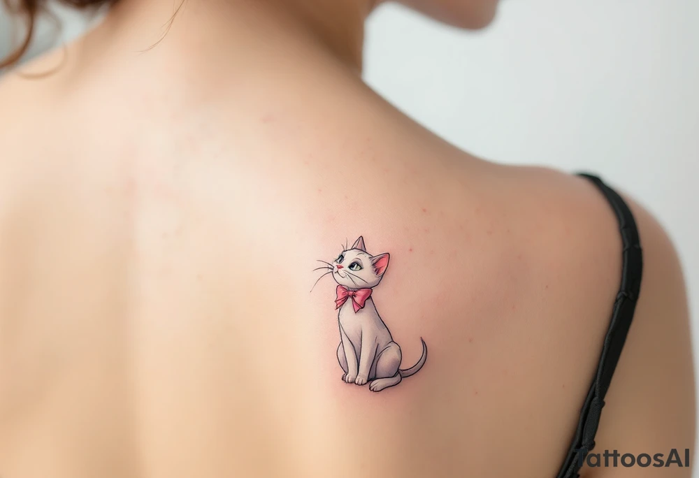 A dainty tattoo of the white cat Marie from The Aristocats with tipycall pink bow in soft shades of pink and gray. tattoo idea
