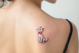 A dainty tattoo of the white cat Marie from The Aristocats with tipycall pink bow in soft shades of pink and gray. tattoo idea