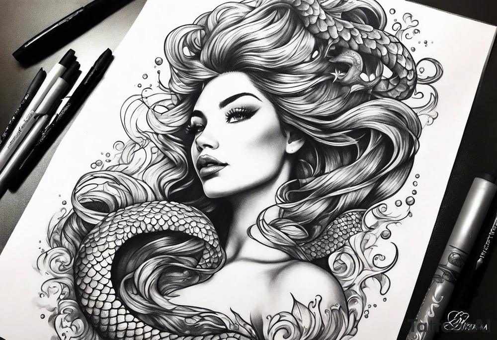 underwater, flowing serpent tail mermaid tattoo idea