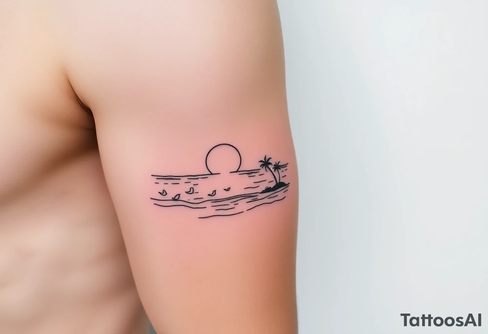 happy, peaceful, serene, timeless, ocean, sand, palm tree, seagulls, sun, subtle, masculine tattoo idea