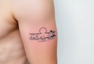 happy, peaceful, serene, timeless, ocean, sand, palm tree, seagulls, sun, subtle, masculine tattoo idea