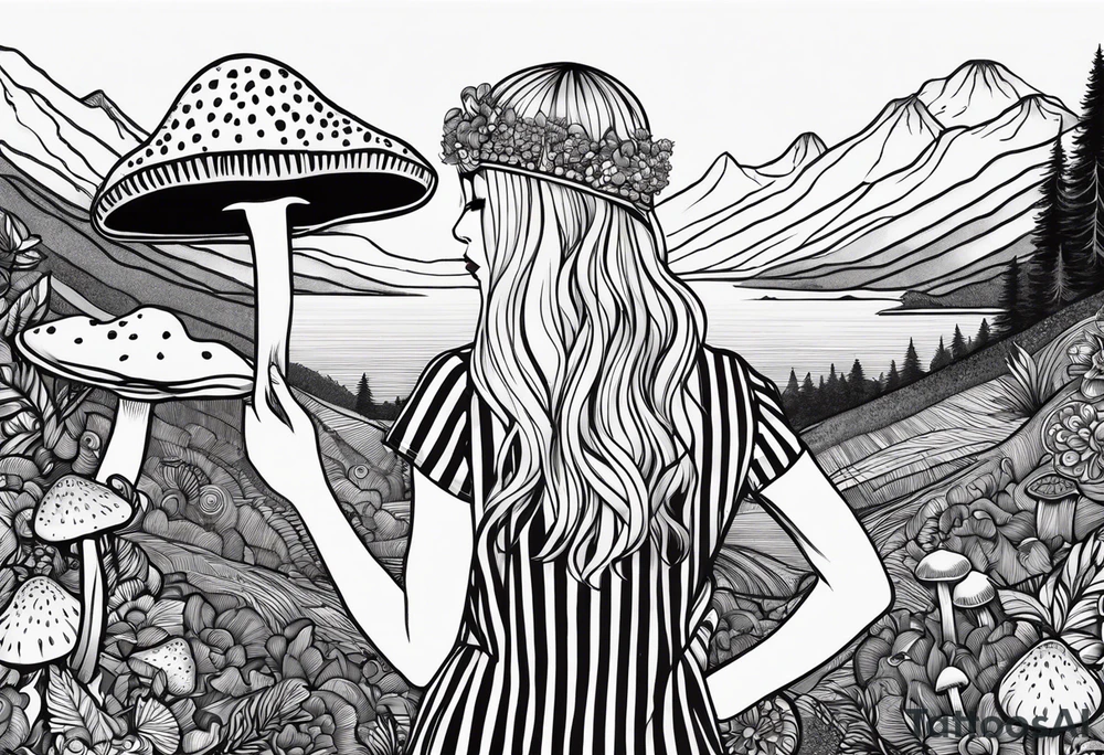 Straight blonde hair girl holding mushrooms in hand facing away toward mountains surrounded by mushrooms mandala circular design black and white striped dress tattoo idea