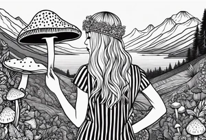 Straight blonde hair girl holding mushrooms in hand facing away toward mountains surrounded by mushrooms mandala circular design black and white striped dress tattoo idea