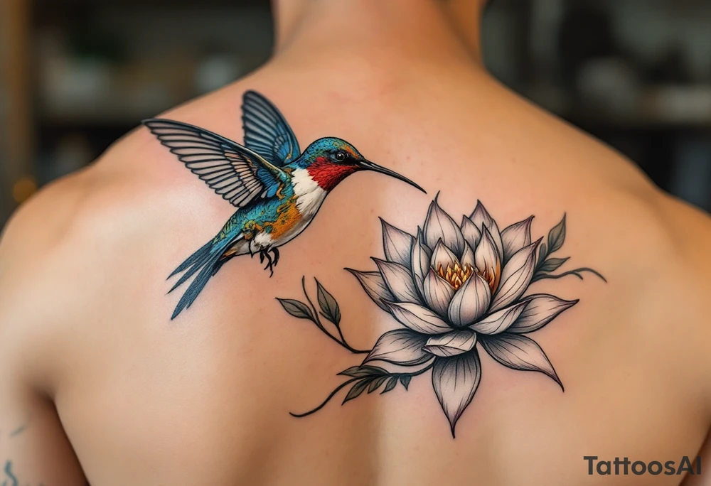 hummingbird and lotus flower, egyptian theme tattoo idea
