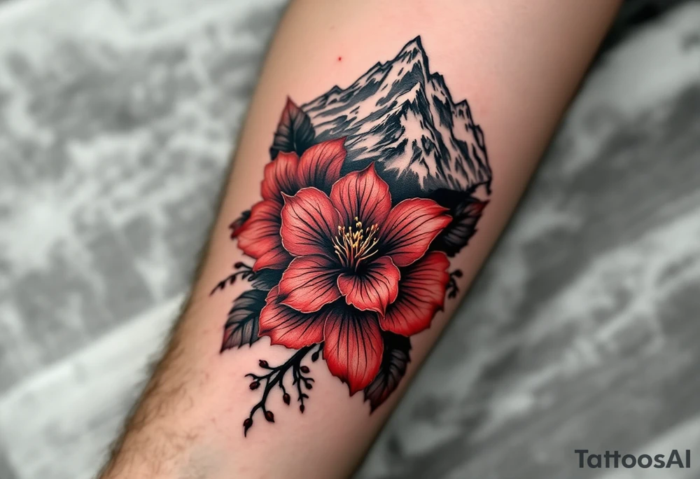 red  and black rhododendron trippy with Himalayas behind tattoo idea