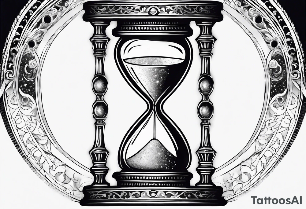 ornate hourglass, long, cosmic stardust, space, time, masculine, minimalist, tattoo idea