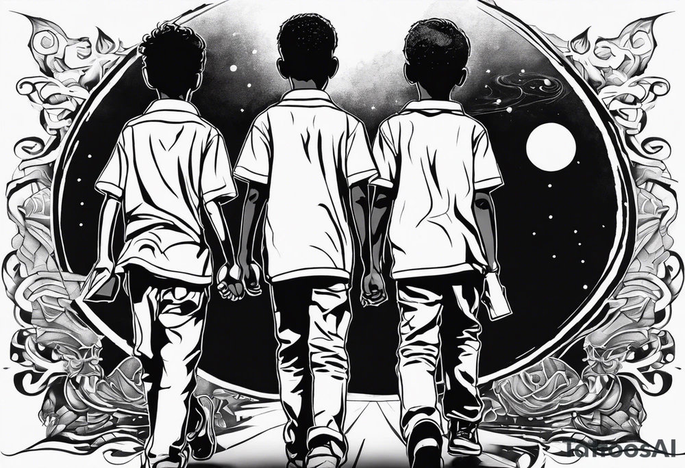 full bodies of 3 black school age boys walking away together and one is looking to the side at the one in the middle tattoo idea
