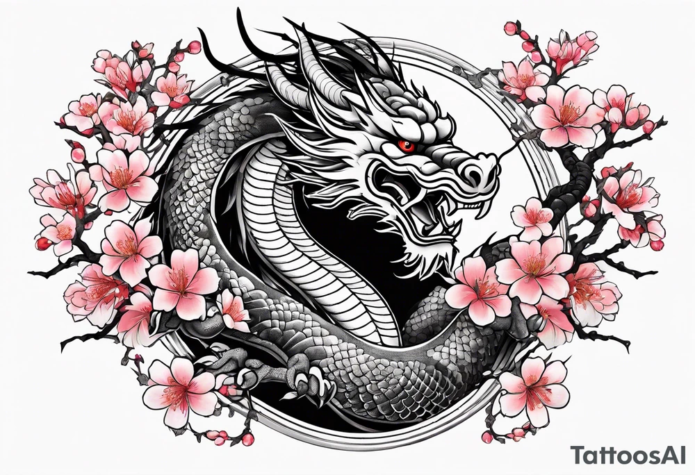 Japanese dragon going around the forearm with scales and cherry blossoms and sakura to fill the background tattoo idea