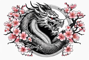 Japanese dragon going around the forearm with scales and cherry blossoms and sakura to fill the background tattoo idea