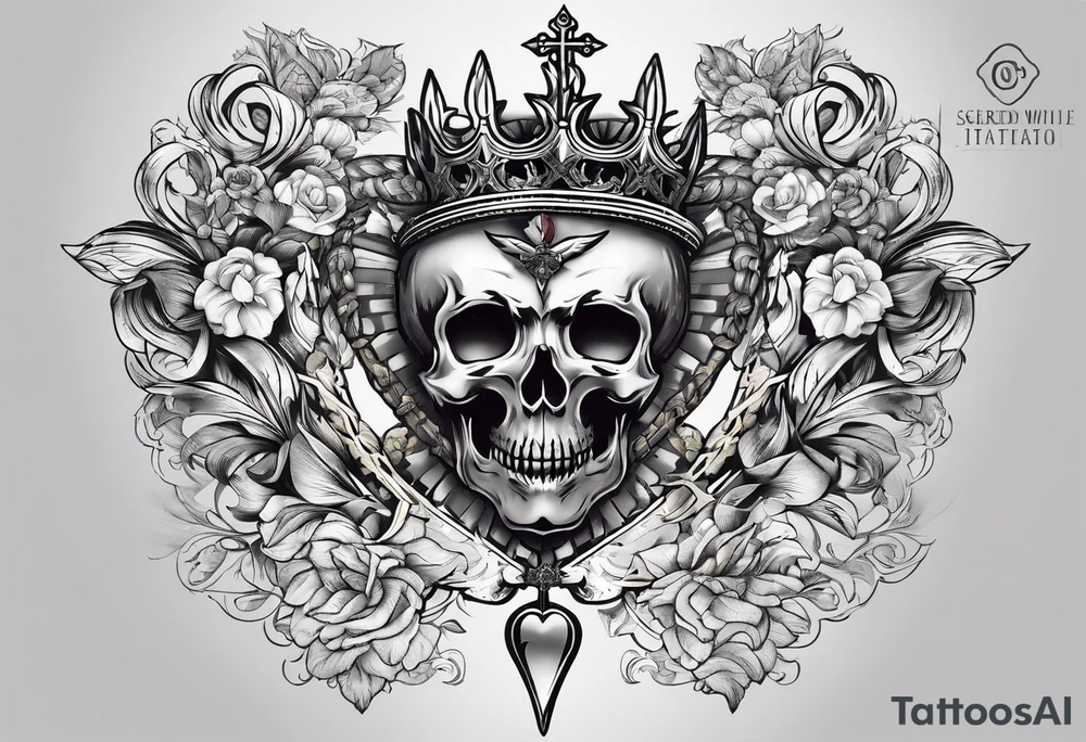 sacred heart with 3 swords instead of a cross. In front of a seraphim. tattoo idea