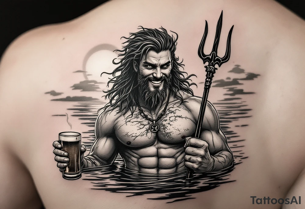 young, smiling, fit poseidon in calm water, holding a trident, drinking a beer, with sunset tattoo idea