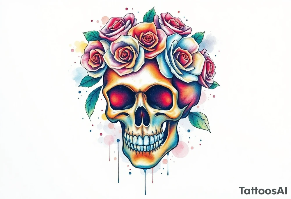 skull with crown of roses tattoo idea