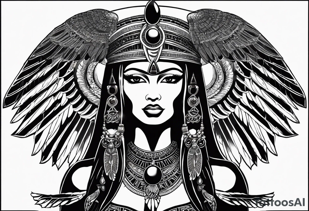 black and white Egyptian goddess Isis, who is often depicted as a woman with outstretched wings, holding an ankh (a symbol of life) in one hand and a lotus flower in the other. Her headdress often includes a throne or a solar disk. The tattoo design can vary in style and size, but it typically aims to capture the essence of this revered Egyptian deity, emphasizing her beauty, power, and maternal qualities. The choice of colors and additional elements can also be customized to create a unique and visually striking representation of the goddess Isis tattoo idea